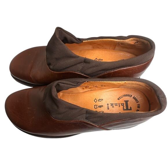 Think! Shoes Womens 6 Sz 36 Brown Leather Slip On Clogs Loafers Comfort Career - Picture 2 of 16